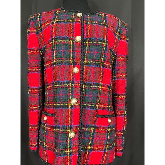 Vintage Red Plaid Talbots Blazer, Pearl Buttons & Black Trim,  Holiday Jacket - Picture 5 of 9